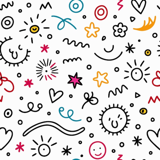 Vector hand drawn doodle seamless pattern with sun stars hearts and more