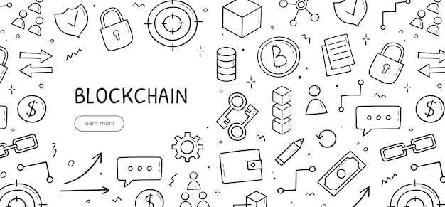 Hand drawn doodle set of blockchain theme Horizontal banner template Cryptocurrency concept in sketch style Vector electronic commerce illustration