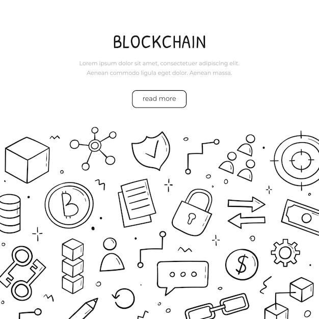 Hand drawn doodle set of blockchain theme items Banner template Financial technology concept in sketch style Vector electronic commerce illustration