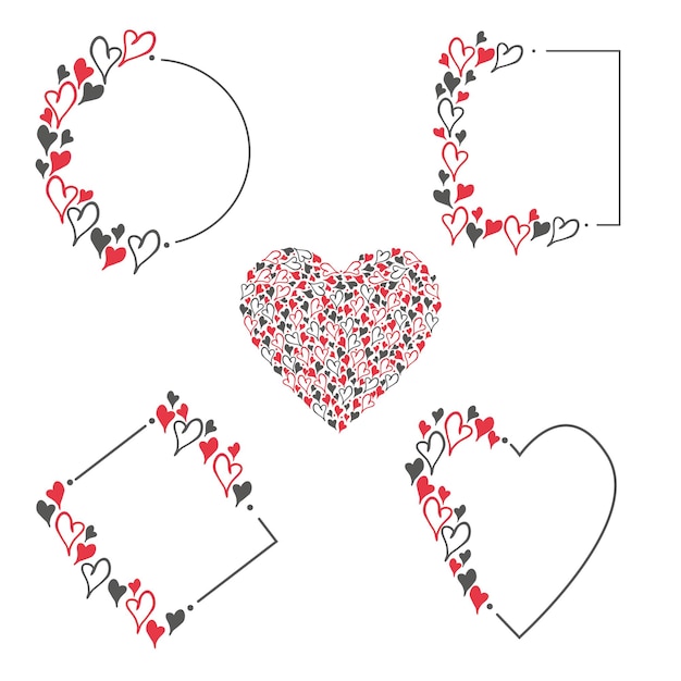 Hand drawn doodle set frame with red pink and black hearts