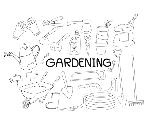 hand drawn doodle set of gardening tools