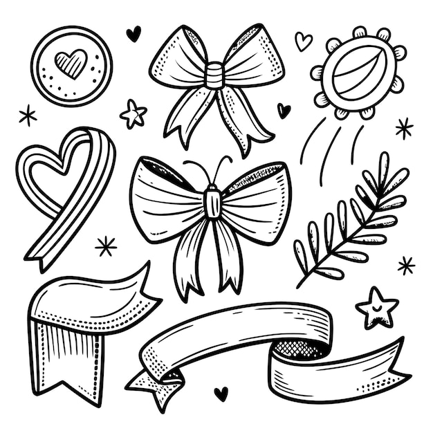 Vector hand drawn doodle set of hearts stars bows leaves and banners