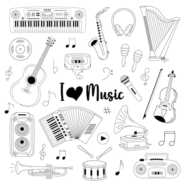 Hand drawn doodle set of misical instruments notes signs I love music concept Vector illustration