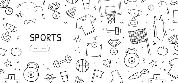 Hand drawn doodle set of sports theme items Horizontal banner template Sketch style illustration