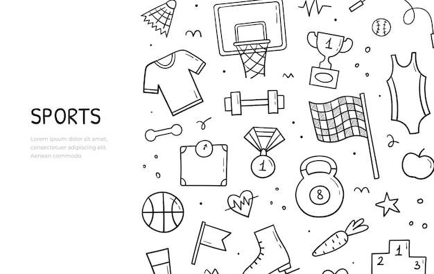 Hand drawn doodle set of Sports theme items Horizontal banner template Vector illustration