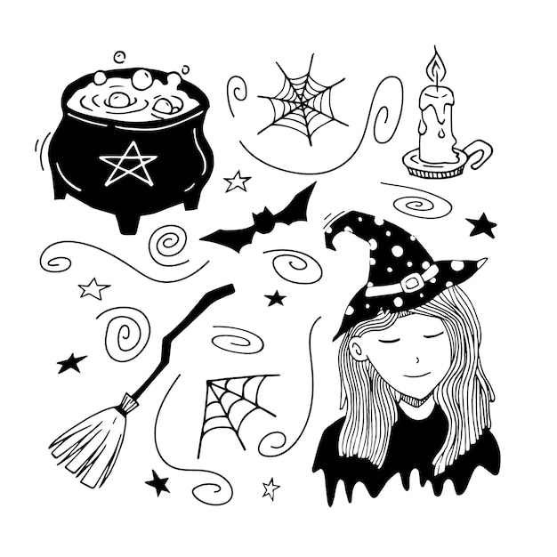 Hand drawn doodle set with halloween cliparts Vector cute magic illustration with witch girl spider web candle pot and broom Black and white doodle collection Outline