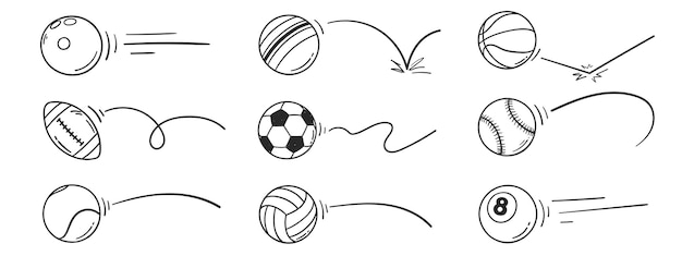 hand drawn doodle sports ball rebound set vector illustration