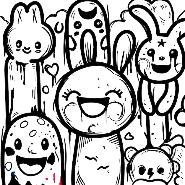 Vector hand drawn doodle style cute bunnies coloring page