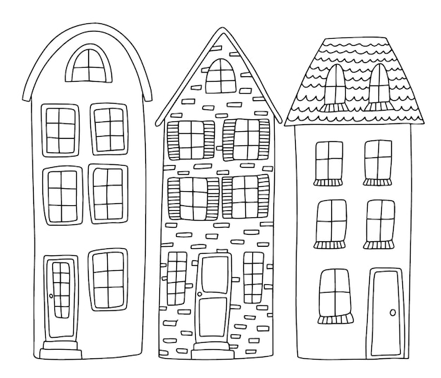 Hand drawn doodle town houses set Vector town houses coloring page