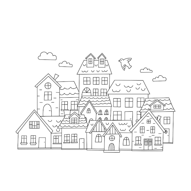 Hand drawn doodle town with small houses