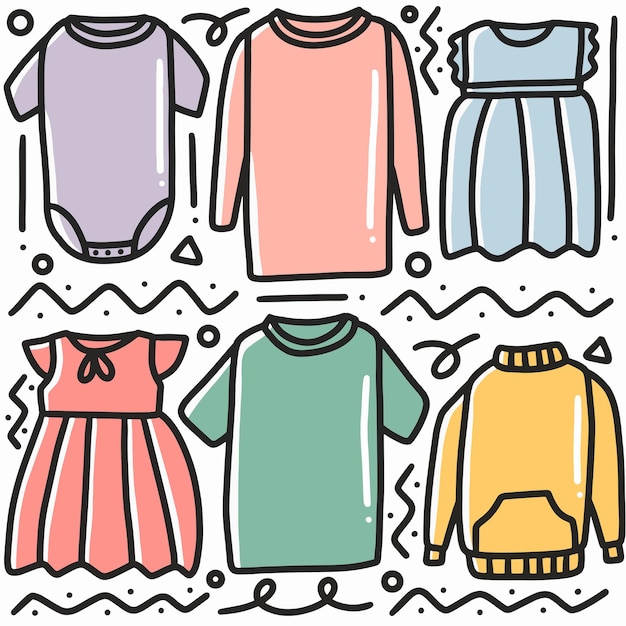 Hand drawn doodle various clothes with icons and design elements