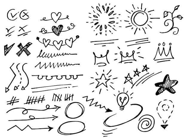 Hand drawn doodle vector design element set firework swoops swirl arrow heart