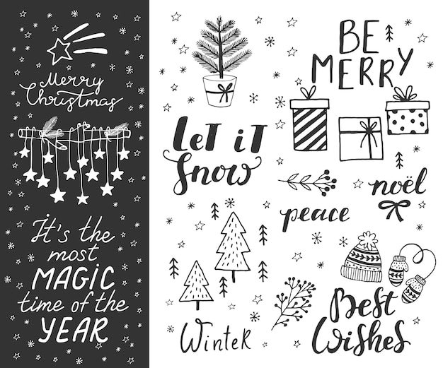 Hand drawn doodle vector illustration Christmas line art drawings