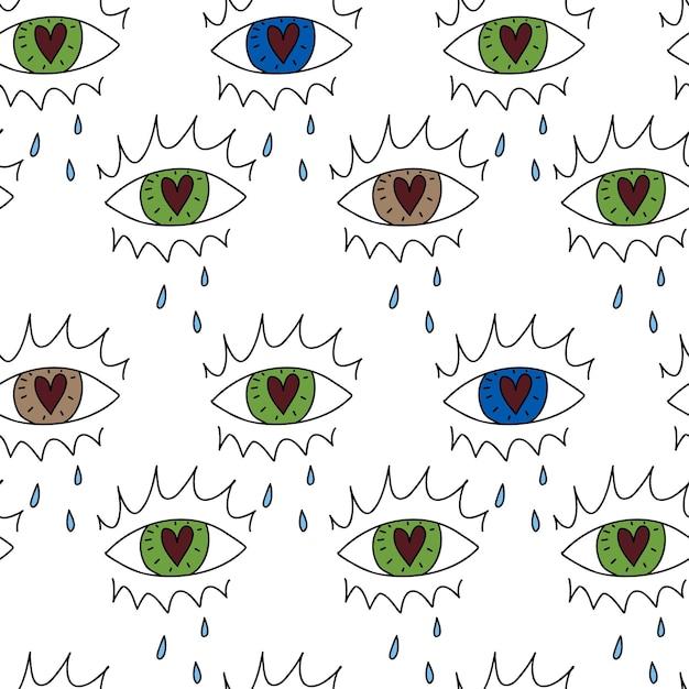 Hand drawn doodle white abstract seamless wallpaper with eyes line tears hearts Cute vector patter