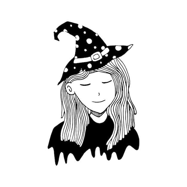 Hand drawn doodle witch Vector smiling witch girl with hat Cute girl Outline