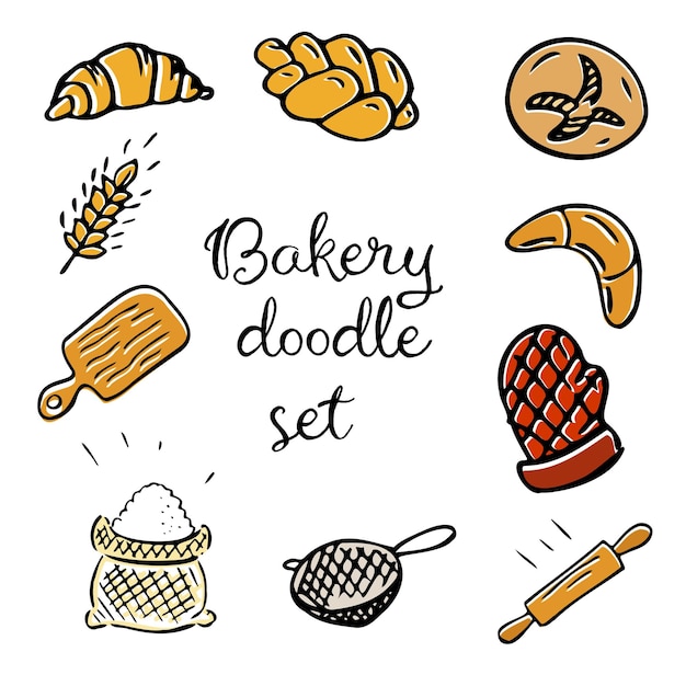 Hand drawn doodles cartoon bread and baguette croissant and buns Bread set Vector illustration Sketch elements collection