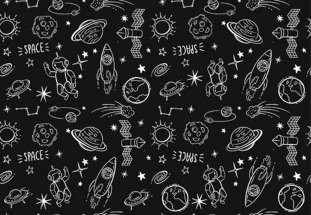 Hand drawn doodles cartoon set of space on black background