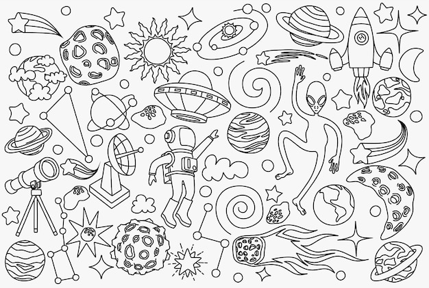 hand drawn doodles cartoon set of Space objects.