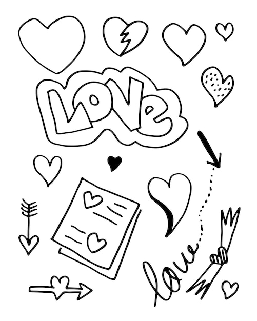 Hand drawn doodles set for Valentine's Day collection of beautiful hearts and writings Love Vector illustration