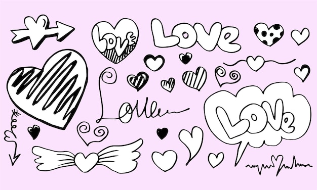 Hand drawn doodles set for Valentine's Day collection of beautiful hearts and writings Love.