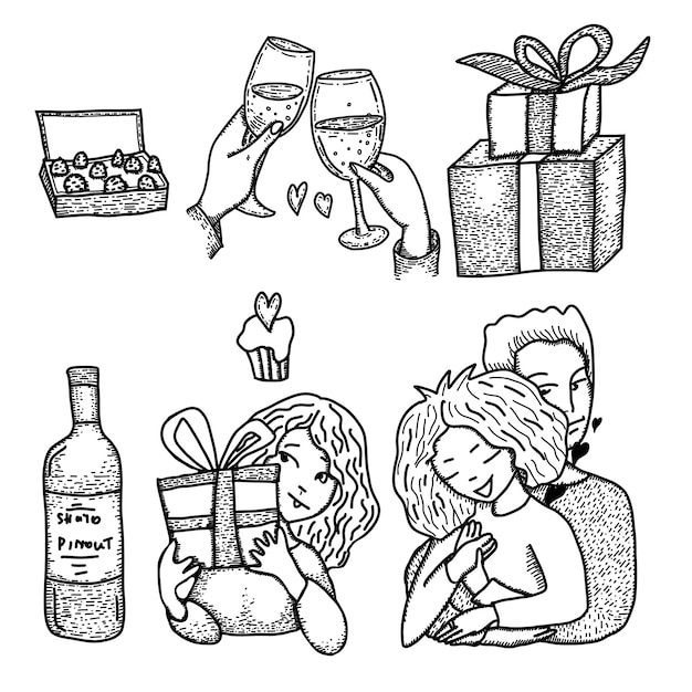 Hand drawn doodles Valentine's Day set Vector illustrations Couple in love hearts cupids gifts