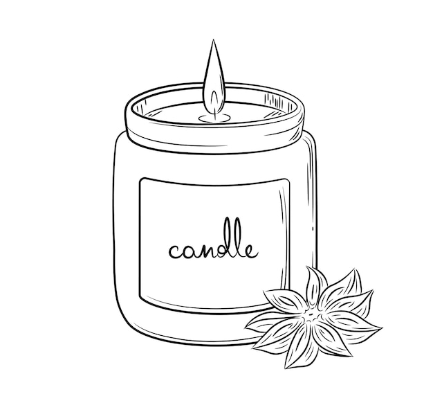 Hand-drawn drawing of an anise scented candle. Linear simple candle in a candlestick. Doodle sketch.