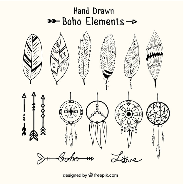 Hand drawn dreamcatchers and ethnic elements