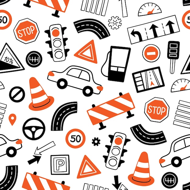 Hand drawn drive symbols seamless pattern Doodle cars road objects traffic sign and automobile symbols Vector illustration for driving school auto parts store service centers on white background