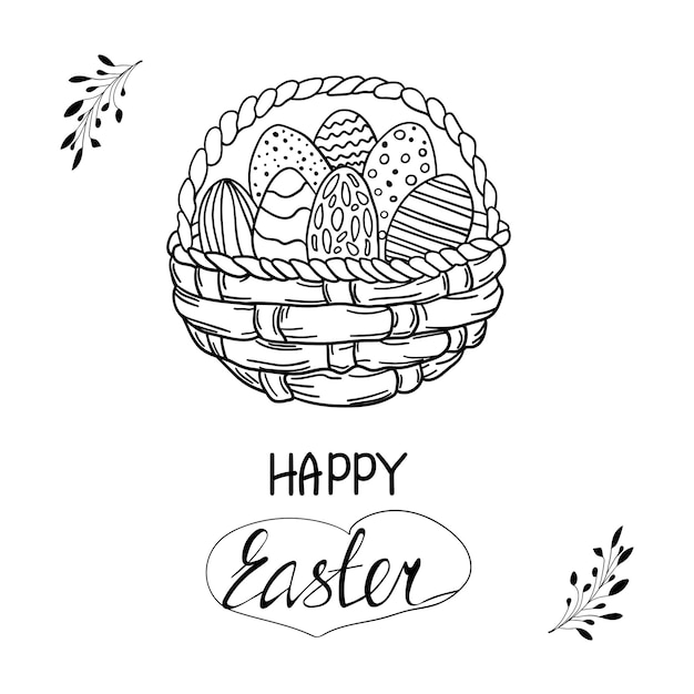 Hand drawn Easter Egg Basket, lettering. Happy Easter doodle clipart- Woven Basket with Easter Eggs