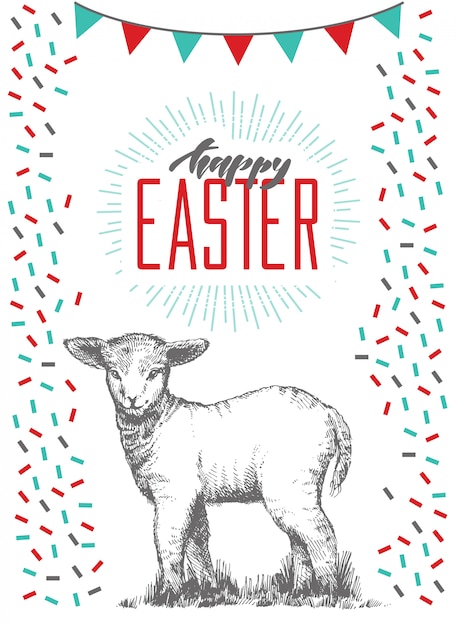 Hand drawn easter greeting card with hand lettering with cute lamb