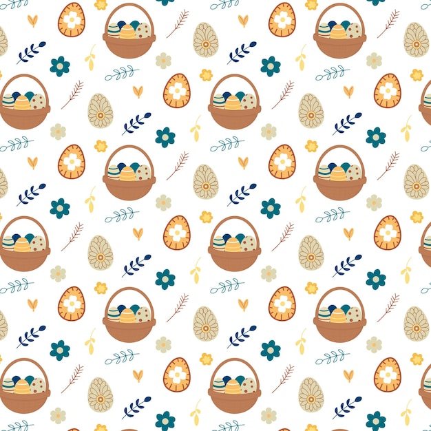 Hand drawn Easter pattern Easter basket and eggs on a light background