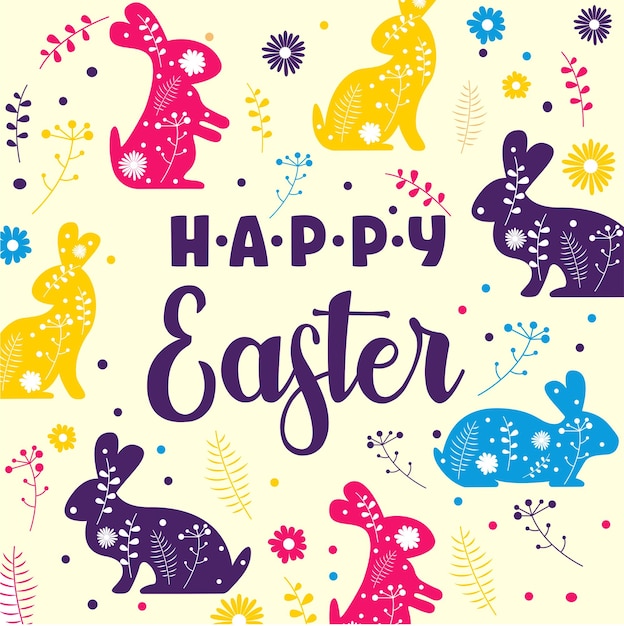 Hand drawn Easter pattern with bunnies flowers vector design icon