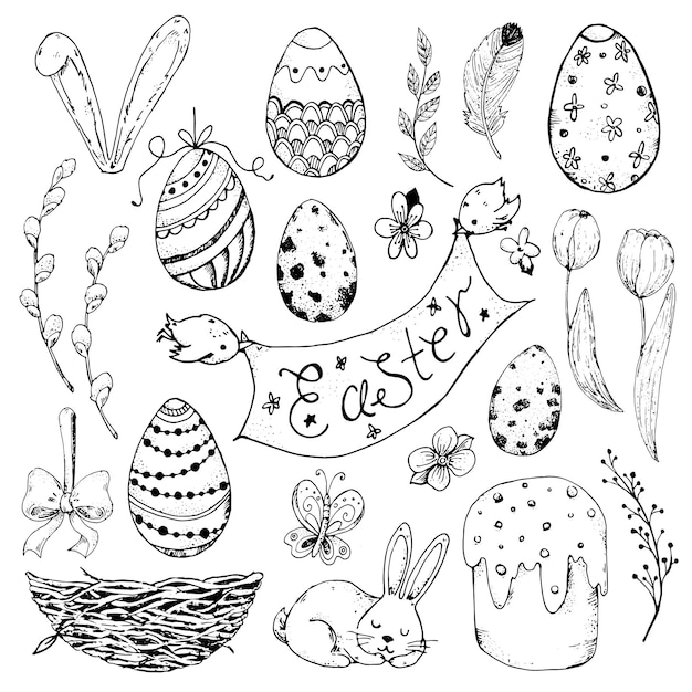 Hand drawn Easter set black and white vector illustration Pages for coloring easter elements