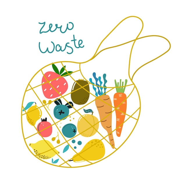 Hand drawn eco bag with vegetables and fruits and text Zero Waste Isolated modern illustration