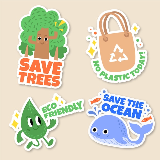 Hand drawn ecology badges with tree and whale