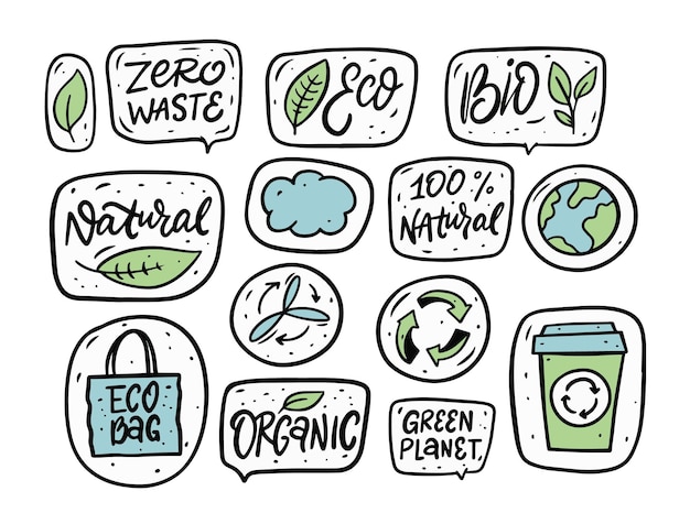 Hand drawn ecology stickers lettering phrases set. Save planet quotes vector illustration.