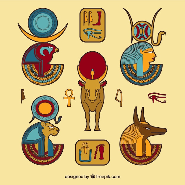 Hand drawn egypt symbols and gods collection