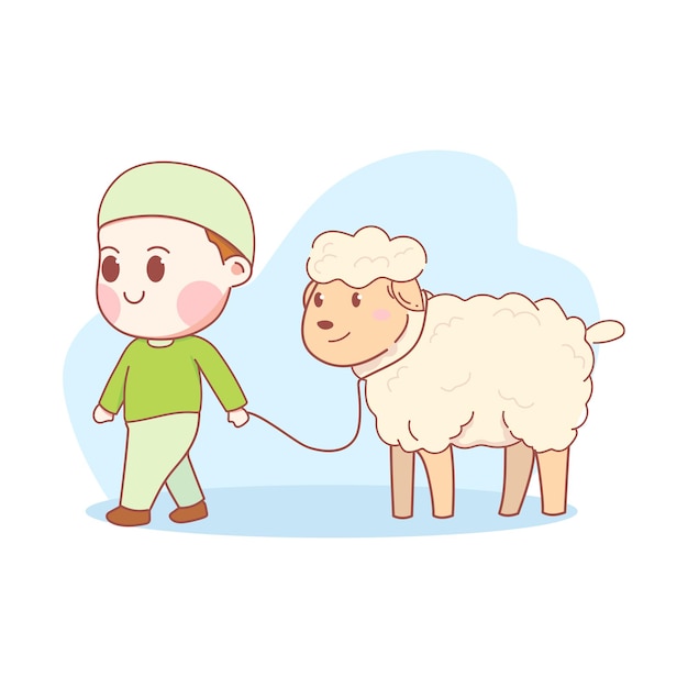 Hand Drawn Eid Adha Mubarak Cute Boy With Sheep Cartoon Art Illustration