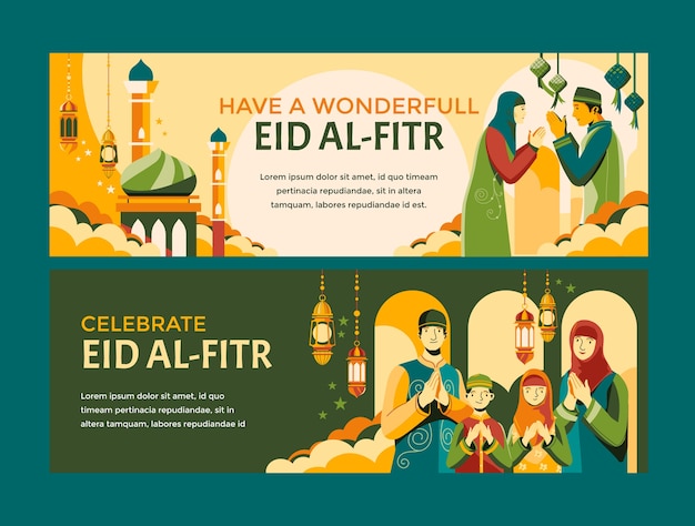 Hand drawn eid al-fitr horizontal banners pack