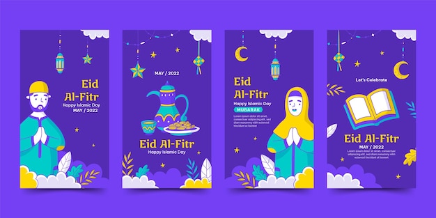 Hand drawn Eid AlFitr or Islamic day story template collection