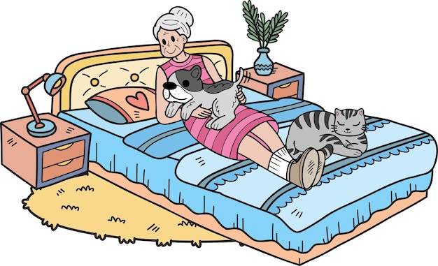 Hand Drawn Elderly hugging dogs and cats illustration in doodle style