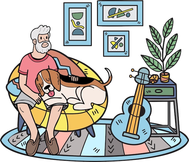 Hand Drawn Elderly man sitting with Beagle Dog illustration in doodle style