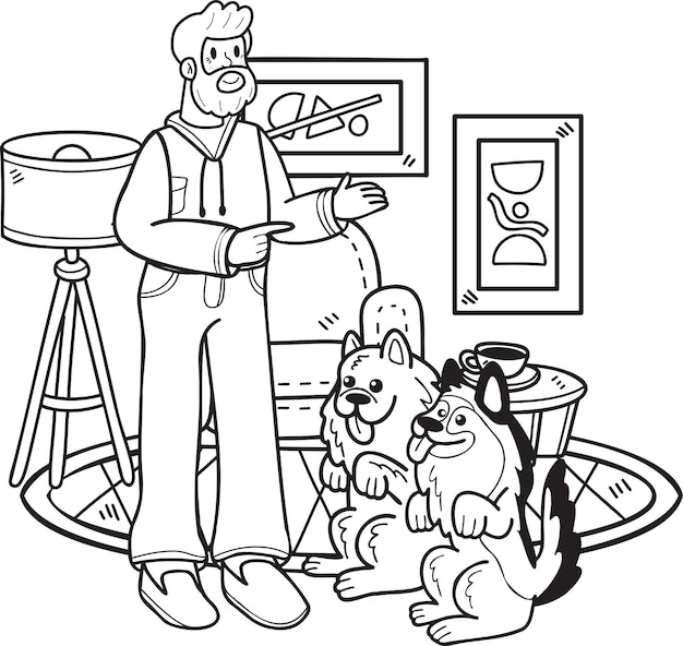 Hand Drawn Elderly man training a dog illustration in doodle style