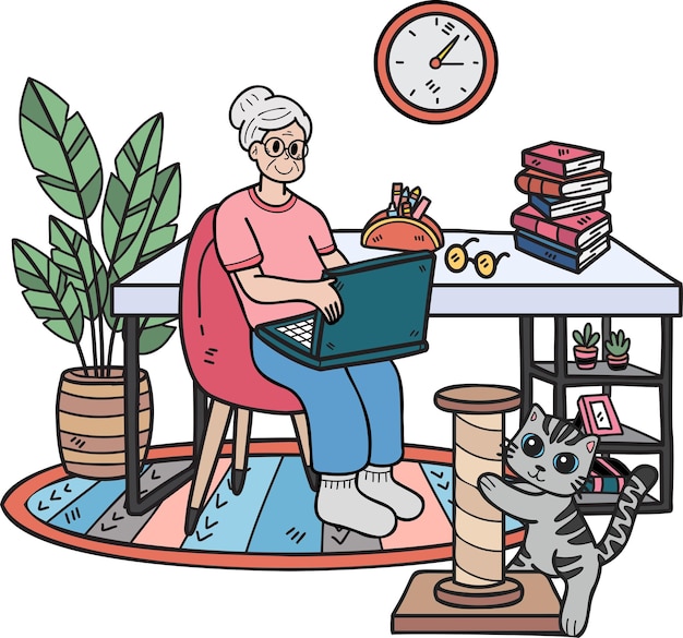 Hand Drawn Elderly working in a room with cats illustration in doodle style