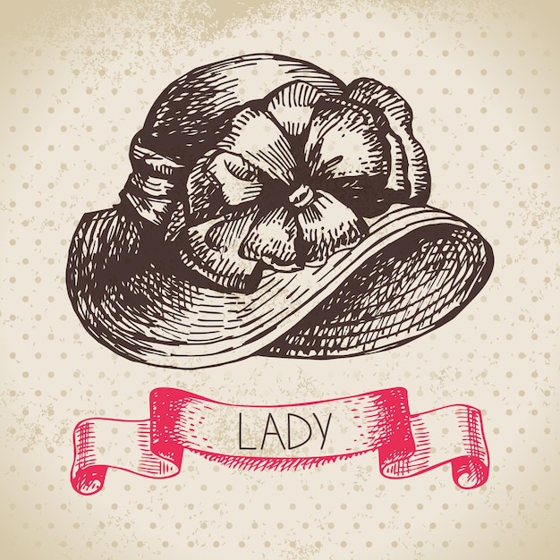 Hand drawn elegant vintage ladies background Sketch women hat Retro fashion vector illustration