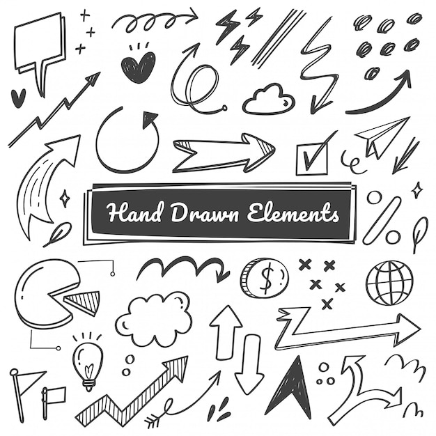 Hand drawn elements, arrow, swish doodles