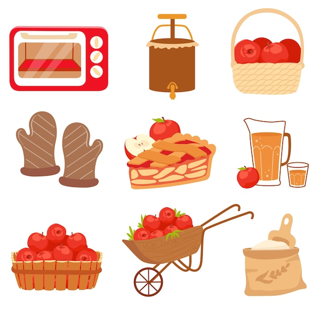 Hand drawn elements of red apple fruit harvest with apple in rattan basket apple pie apple juice cider fall season