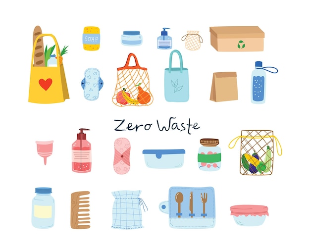 Hand drawn elements of zero waste life in vector. Eco style. No plastic. Go green in the flat style