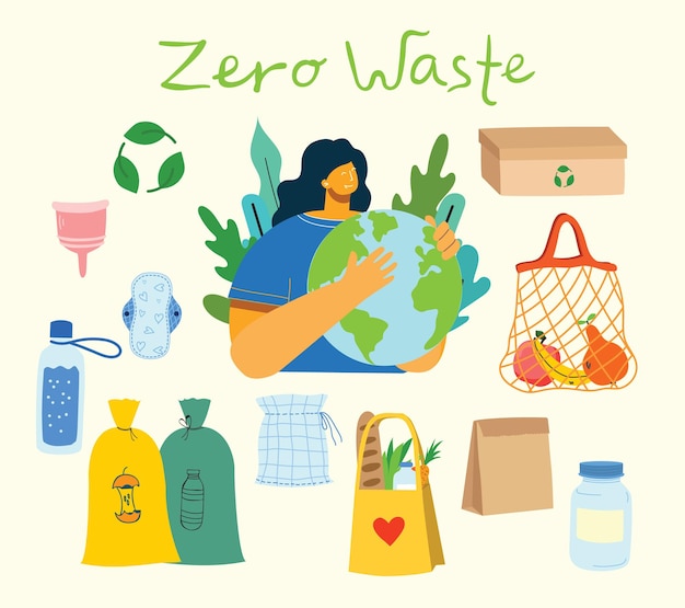 Hand drawn elements of zero waste life in vector. Eco style. No plastic. Go green in the flat style