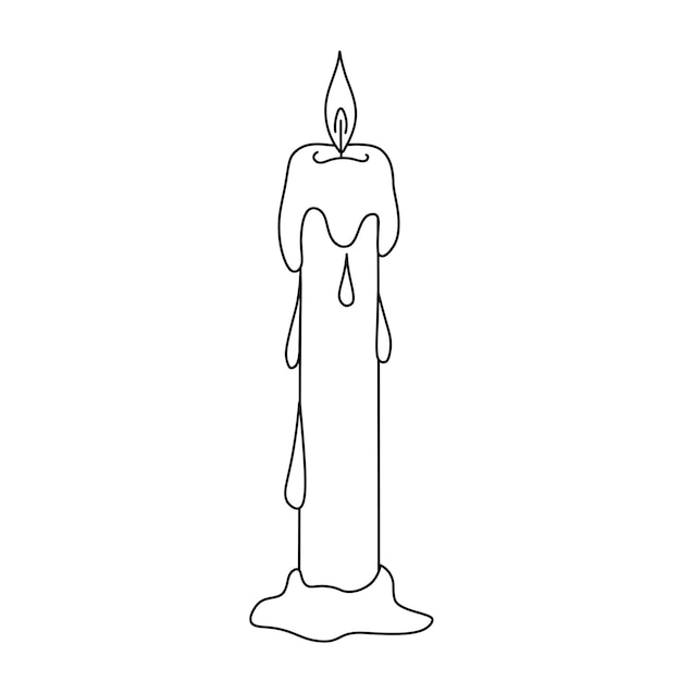 Hand-drawn elongated wax candle. Burning candle with melting wax and dripping drops.